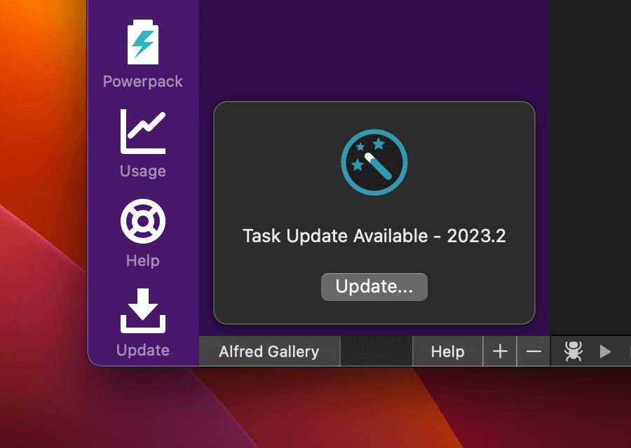 Automation Tasks update available banner in Alfred Preferences