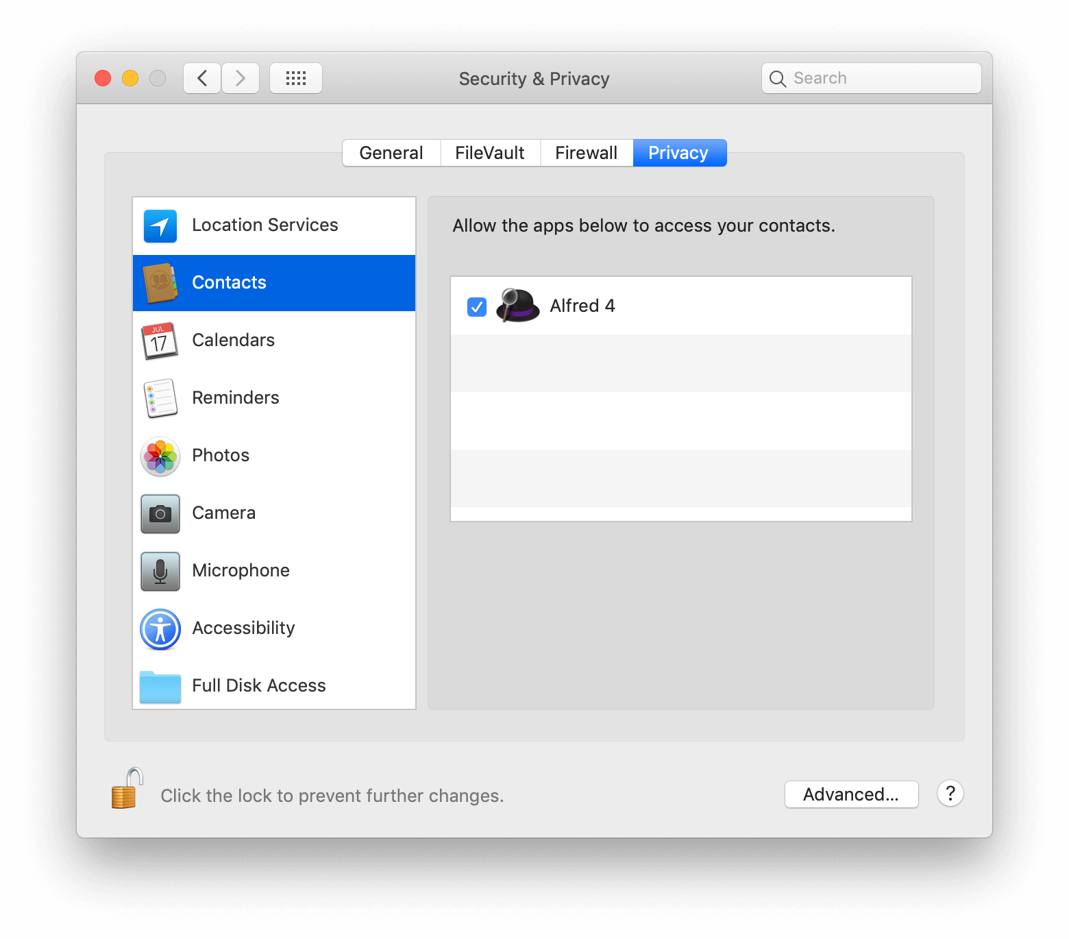 Granting Contacts access in macOS Mojave Security and Privacy Preferences