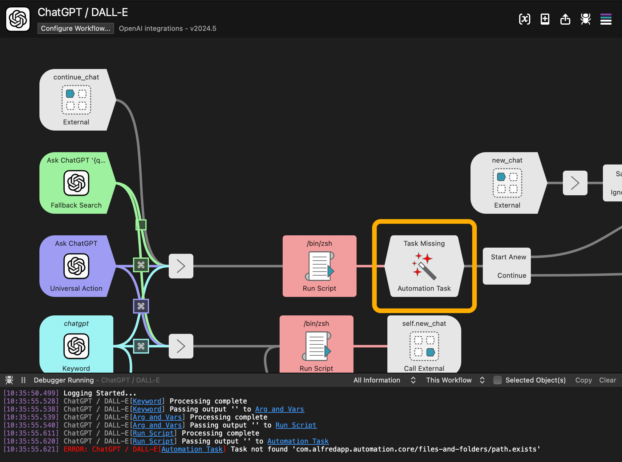 Workflow canvas showing errors